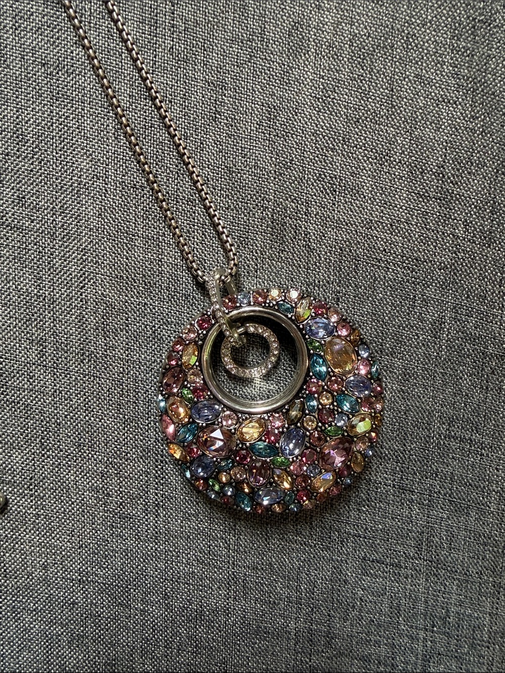 Brighton “Trust Your Journey” reversible circle pendant; multicolored crystals